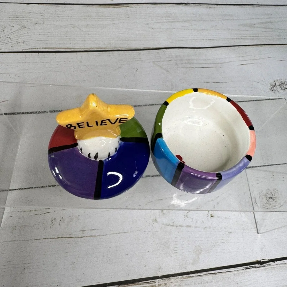 Colorful Ceramic Trinket Box Believe Star Lid Hand Painted Striped Heart Inside